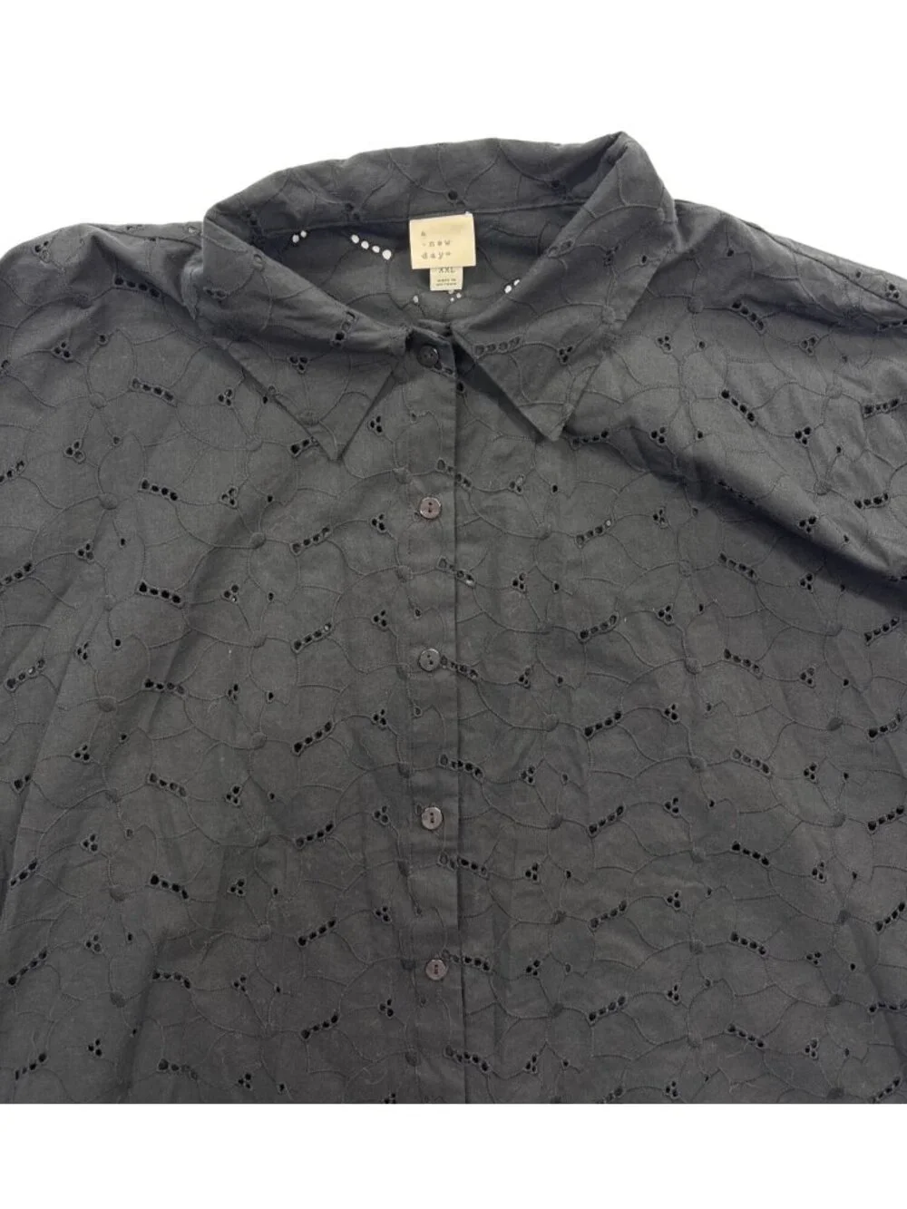 A New Day Women's XXL Black Eyelet Blouse Short Sleeve Button Up Cotton Feminine